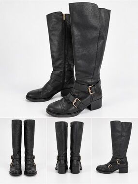 BCBGeneration Black Leather Tall Riding Boots Gold Buckle Accent Size 11B